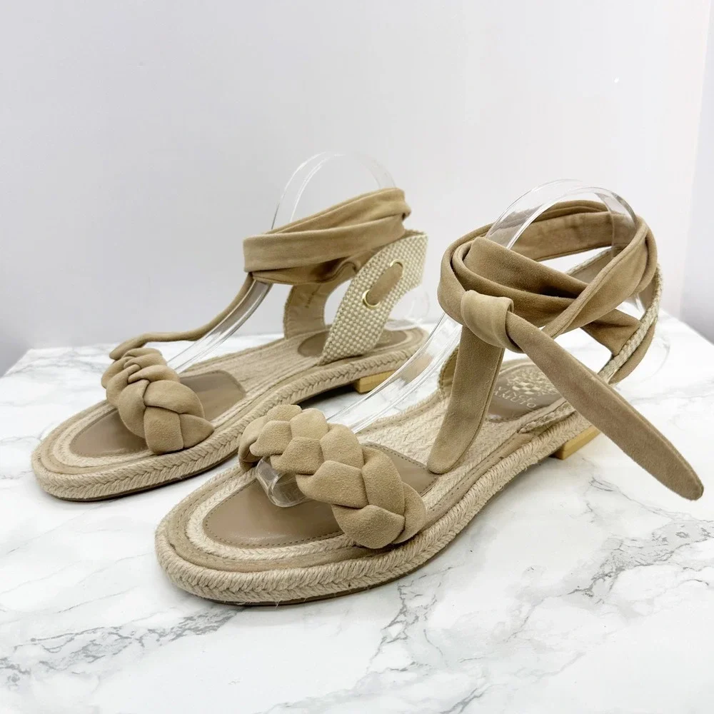 Vince Camuto Kastela Sandals Womens 9.5 Tan Good‎ Braided Wrap Ankle Tie Flat